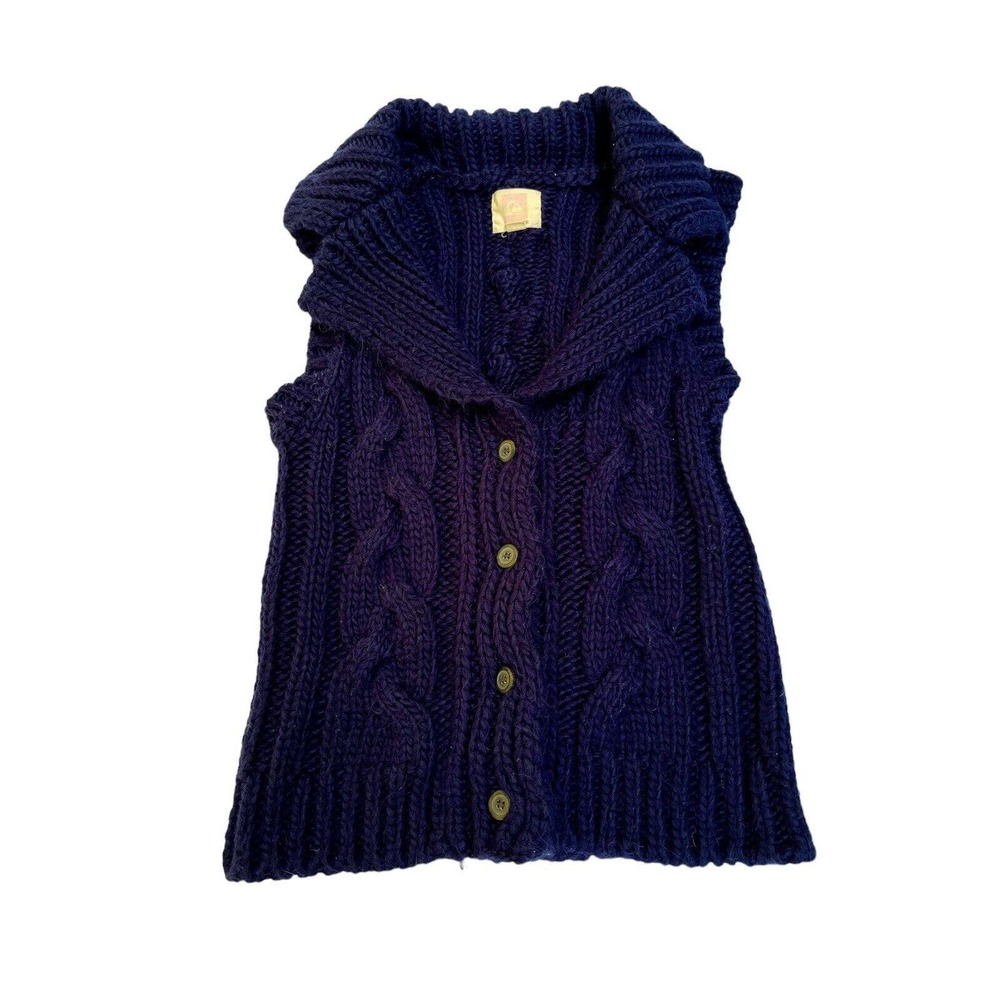 Quiksilver Size S Sweater Vest Cable knit Dark Blue Shawl Neck Chunky Knit Cozy